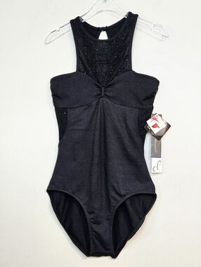 Danz N Motion Girls Black Sparkle Accented Leotard, Size 12-14 ~ NWT